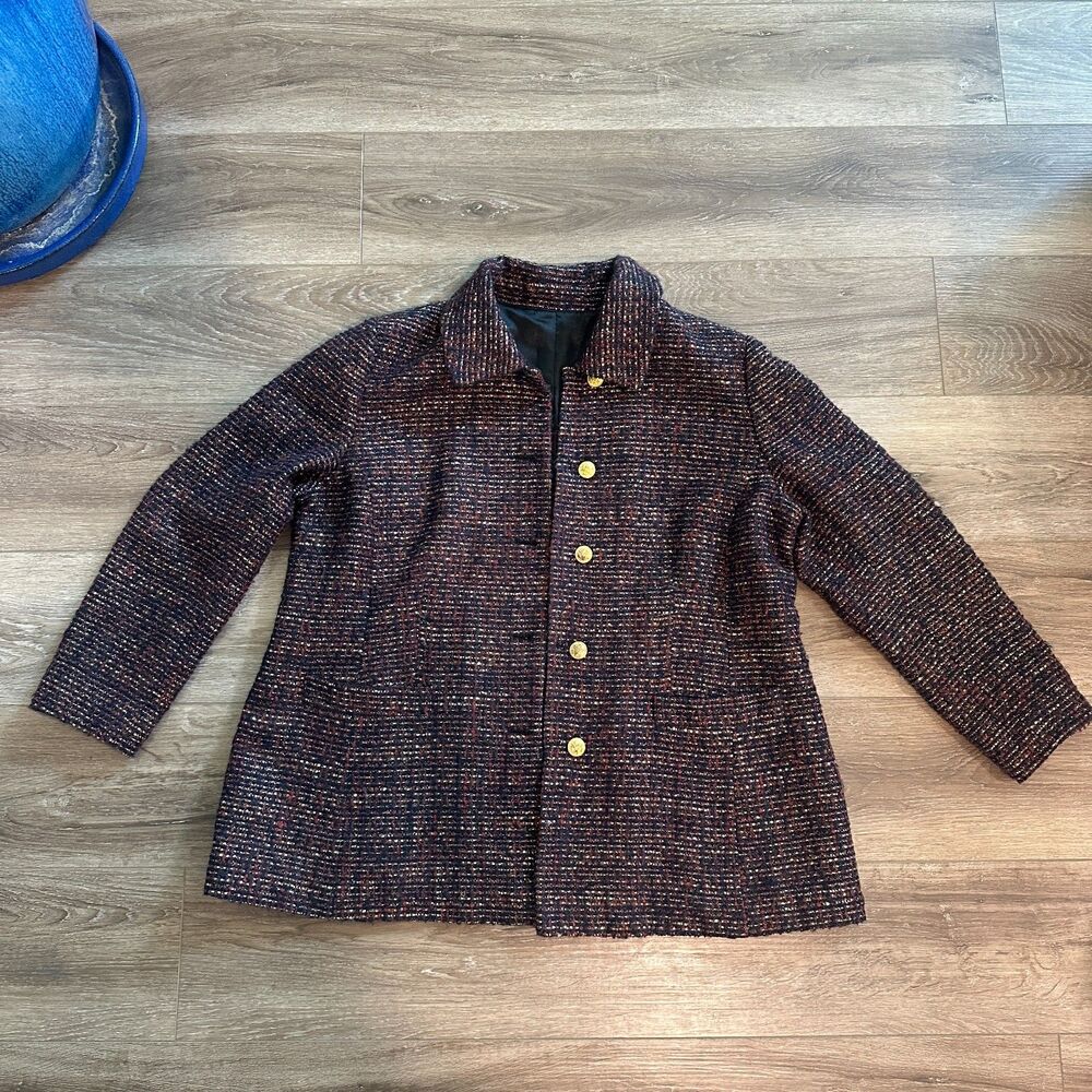 Vintage Tweed Boucle Blazer Jacket Gold Brass Crest Buttons Approx. Size XL